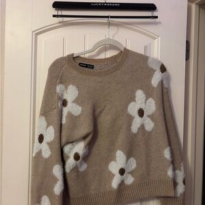 Beige Sweater with White Floral Design
